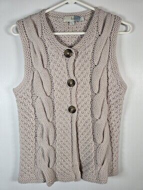 Boden Womens Beige Cable-Knit 100% Wool Button Front Chunky Sweater Vest Size 8